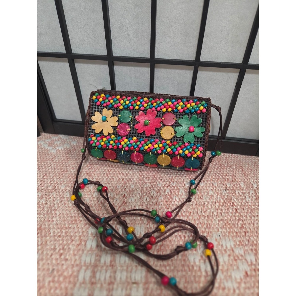 Boho Festival Beaded Crossbody Bag Multi Color Wood Floral Festival Purse 7.5x4
